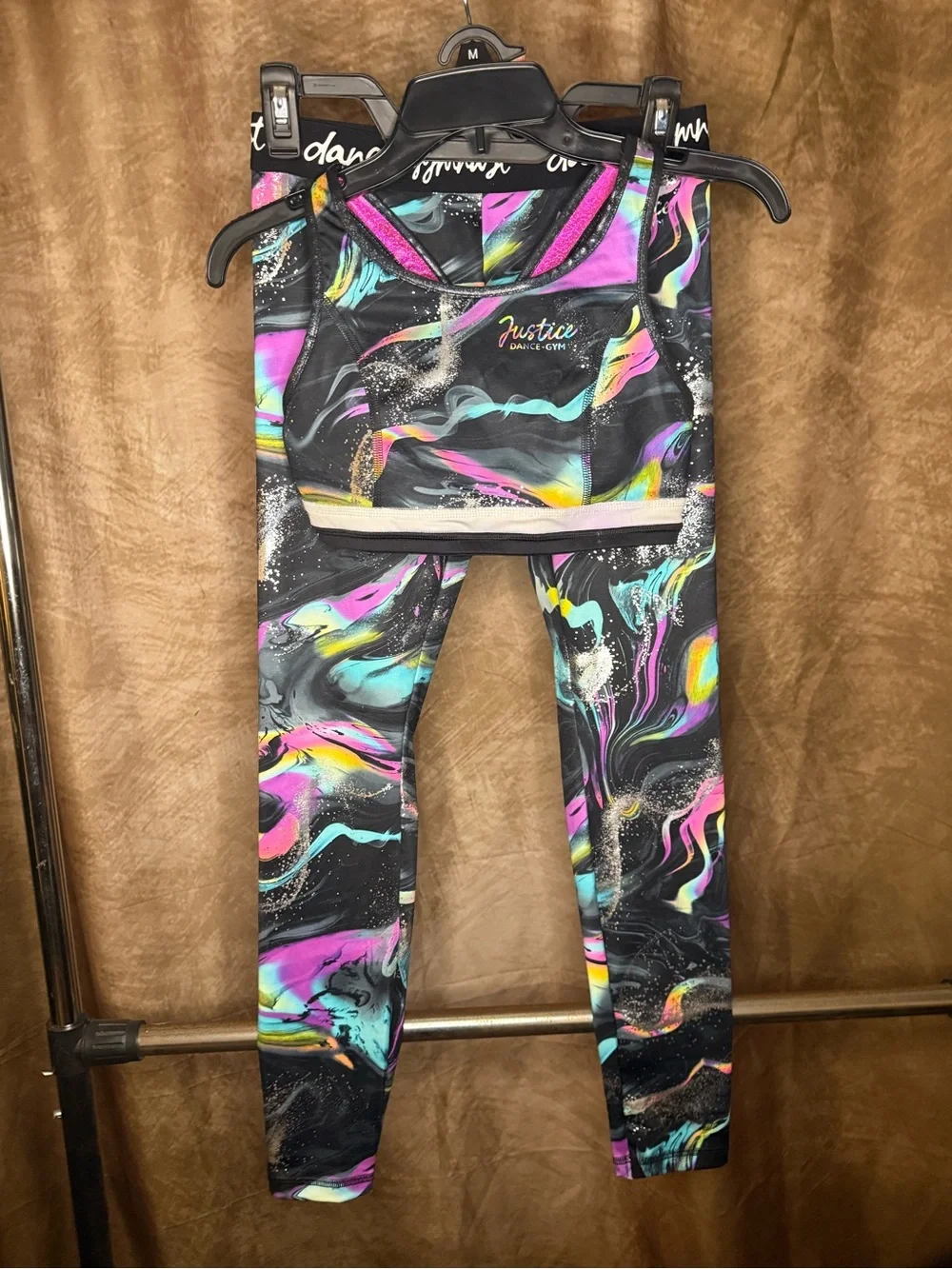 Justice Black Neon Marble Print Leggings and Sports Bra Set